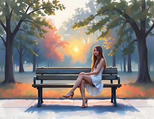 A woman is sitting on a bench in an autumn park. She is wearing a white dress and heels. The trees around her have leaves changing colors, suggesting the season might be fall or early winter.