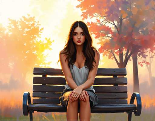 A woman is sitting on a bench in an autumn park. She is wearing a white tank top and black skirt. The setting sun casts long shadows across the scene, creating a warm glow over the trees and grass.
