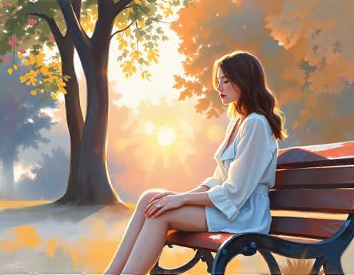 A woman is sitting on a bench in a park during sunset. She is wearing a white dress and has her legs crossed. The setting sun casts a warm glow over the scene, creating long shadows and highlighting the colors of the trees and sky.