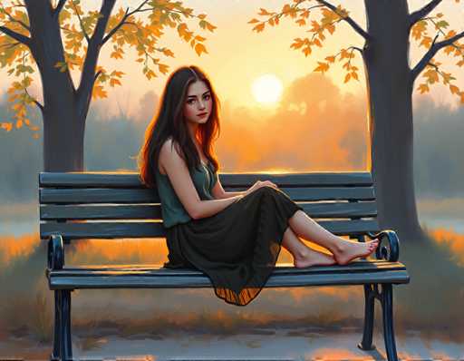 A woman is sitting on a bench in a park at sunset. She has long brown hair and is wearing a green tank top and black skirt. The setting sun casts an orange glow over the trees behind her, creating a warm and peaceful atmosphere.