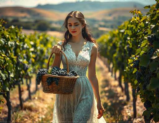 A woman is walking through a vineyard carrying a basket filled with grapes on her arm and wearing a white dress.