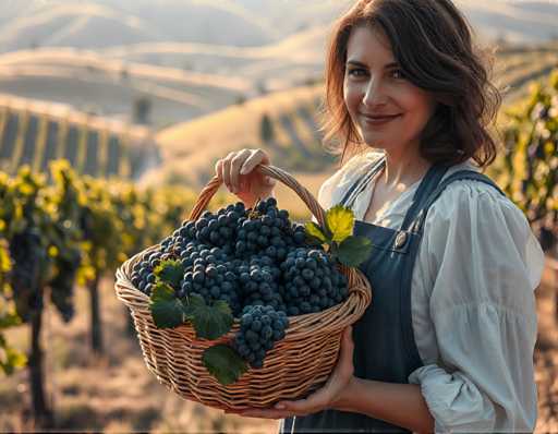 A woman is standing in front of a vineyard with her arms outstretched and holding a basket filled with grapes.