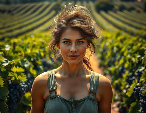 A woman with long brown hair is standing in a vineyard surrounded by rows of grapevines and clusters of grapes. She is wearing a green dress that contrasts with the natural surroundings. The image has a vintage filter applied to it, giving it an old-fashioned feel.