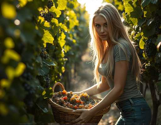 A woman with blonde hair is standing next to a basket filled with ripe grapes and red grapes on a vineyard.