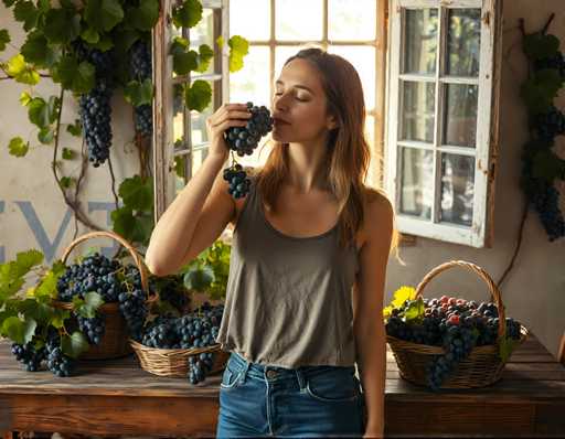 A woman is standing next to a table filled with bunches of grapes and holding one up to her nose, taking a deep breath. The table has two baskets on it - one basket contains more grapes than the other.