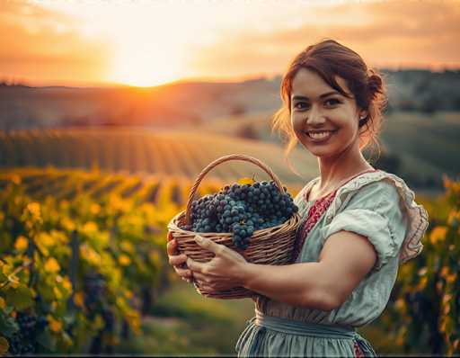 A woman is standing in front of a vineyard with her arms full of grapes and holding a basket on her left hand. The setting sun casts a warm glow over the scene, creating long shadows that add depth to the image.