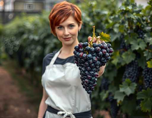 A woman with red hair is standing in a vineyard, holding up a bunch of grapes that are predominantly purple and black in color. She is wearing an apron over her clothes, suggesting she might be involved in the process of harvesting or preparing the grapes for consumption. The background features rows of grapevines stretching into the distance, indicating the vastness of the vineyard.
