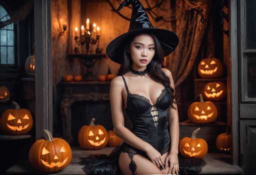 A woman dressed as a witch is seated on a bench surrounded by carved jack-o-lanterns and a chandelier.