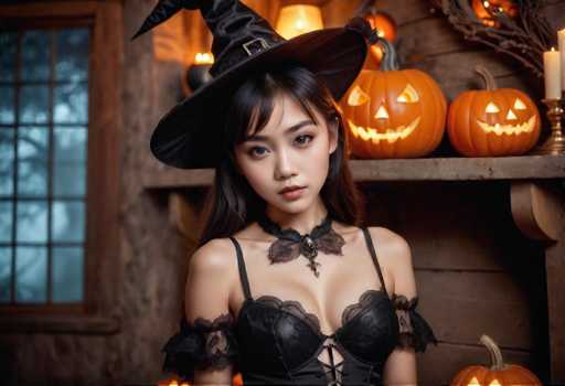 The image shows a woman dressed as a witch standing against a backdrop of Halloween decorations. She is wearing a black corset and a black hat with a pointed top, which are typical elements of a witch's costume. The room behind her features several carved pumpkins, adding to the festive atmosphere.