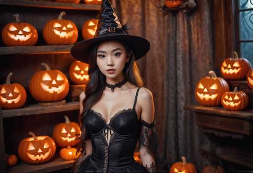 A woman dressed as a witch stands in front of a collection of carved pumpkins on a wooden shelf. She is wearing a black dress and a black hat with a feather at the back. The pumpkins are arranged in various sizes and shapes, creating an autumnal atmosphere around her.