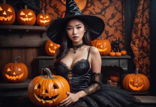 A woman dressed as a witch is seated on a bench surrounded by carved jack-o-lanterns of varying sizes and shapes, with a black dress and hat that match the theme of her costume.