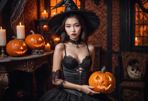 A woman dressed as a witch is holding an orange pumpkin with a carved face and wearing a black dress and hat. The setting appears to be a Halloween party or event, with multiple jack-o-lanterns lit up in the background and a table draped in a white tablecloth.