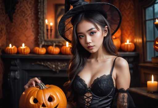 A woman dressed as a witch stands in front of a fireplace with several pumpkins on the mantle and candles burning inside. She is wearing a black bodysuit and a black hat that matches her outfit. The room has orange walls and a window with white curtains, creating an autumnal atmosphere.