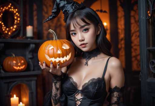 A woman dressed as a witch is holding an orange pumpkin with a carved face and a black dress adorned with lace sleeves. The setting appears to be a Halloween party or event, with a dark room decorated in black and orange hues featuring a large archway on the left side of the image.