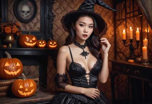 A woman dressed as a witch is seated at a table with three carved jack-o-lanterns on it. The room has dark wood paneling and a chandelier hanging from the ceiling.