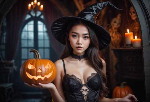 A woman dressed as a witch stands in front of a window with a pumpkin on her left hand and a candle on the right side. She is wearing a black dress and a black hat that has a pointed top called a witch's hat. The room behind her features a chandelier hanging from the ceiling, adding to the spooky atmosphere.