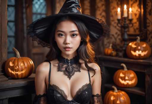 The image shows a woman dressed as a witch with a black hat and a black dress adorned with lace detailing. She is positioned against the backdrop of a room filled with carved pumpkins, suggesting that it might be Halloween or a similar celebration. The woman's face is turned towards the camera, creating an engaging visual connection between her character and the viewer.