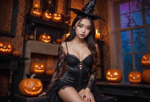 A woman dressed as a witch is seated on a bench surrounded by carved jack-o-lanterns and a fireplace with a mantle adorned with carved jack-o-lanterns in front of her.