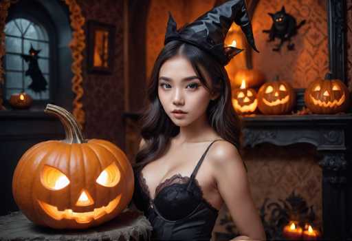 A woman dressed as a witch is standing against a backdrop of Halloween decorations and pumpkins. She is wearing a black corset and a black hat with a pointed top that resembles a witch's hat. The room around her features a fireplace adorned with carved pumpkins, creating an atmosphere of festivity and celebration.