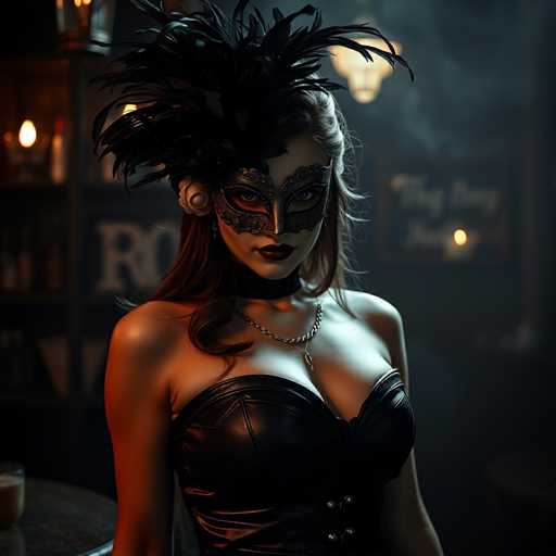A woman is standing in front of a bar with a black feathered headdress on her head and a mask covering her face. She is wearing a black strapless dress that contrasts with the dimly lit room behind her. The background features various bottles and glasses arranged neatly on shelves, suggesting a well-stocked bar or restaurant.