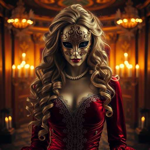 A woman with long blonde hair wearing a red dress and a gold mask is the main subject of this image. She has her hair styled in loose curls that fall over her shoulders. The background features an ornate room with chandeliers hanging from the ceiling, creating a sense of grandeur and opulence.