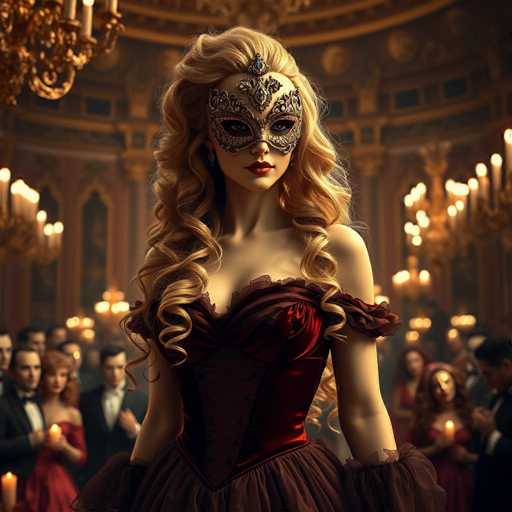 A woman with blonde hair and a mask on her face stands in front of a group of people dressed in formal attire, including tuxedos and gowns. The room is filled with chandeliers that cast a warm glow over the scene, creating an atmosphere of elegance and sophistication.
