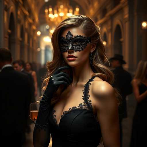 A woman is standing in front of a group of people wearing black masks and dresses at an event. She has long blonde hair styled in loose waves and is holding a glass of wine. The background features ornate columns and arches, suggesting the setting could be a grand hall or ballroom.