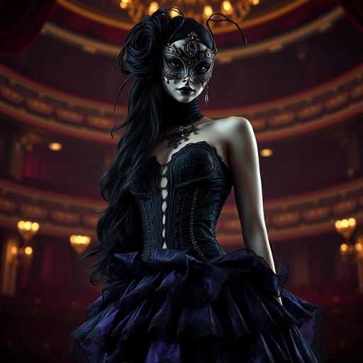 A woman stands in front of a stage with a red curtain backdrop and a chandelier hanging from the ceiling. She is wearing a black corset, ruffled skirt, and a mask with a rose design on her face. The background features a large window that allows natural light to illuminate the scene.