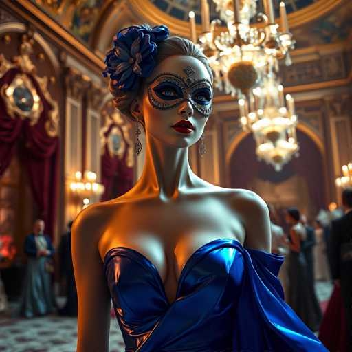 A woman wearing a blue dress with a flower on her head is the main subject of this image. She has a mask covering half of her face and is standing in front of a chandelier that casts light onto her from above. The background shows other people dressed up for an event, suggesting it might be a formal gathering or party.