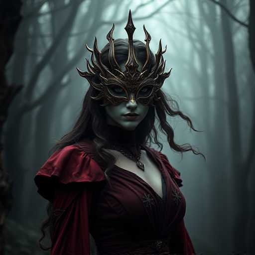 A woman is standing in front of a forest with her back turned towards the camera. She is wearing a red dress and a gold crown on her head that has a pointed top. The forest behind her is dark and filled with trees.
