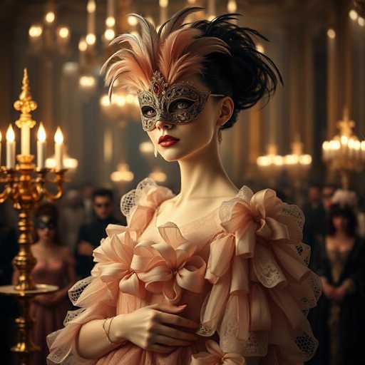 A woman is standing in front of a group of people wearing elaborate costumes and masks, with a large gold candelabra behind her. The background features a chandelier hanging from the ceiling, creating an opulent atmosphere.