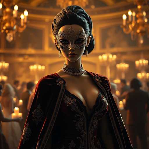 A woman is standing in front of a grand room with gold chandeliers and ornate decorations. She is wearing a red cape and a mask that conceals her face. The woman has dark hair styled in an updo and is wearing earrings and a necklace.