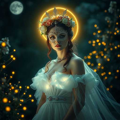 A woman is standing against a dark green backdrop with white flowers and lights. She is wearing a white dress that has a ruffled skirt and a crown on her head. The background features white flowers and lights arranged in the shape of a circle.