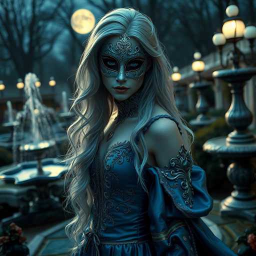 A woman with long blonde hair is standing in front of a fountain and wearing a blue dress adorned with gold accents. She is also wearing a mask that covers her face. The setting appears to be an outdoor garden or park area, as indicated by the presence of trees and other plants around the fountain.