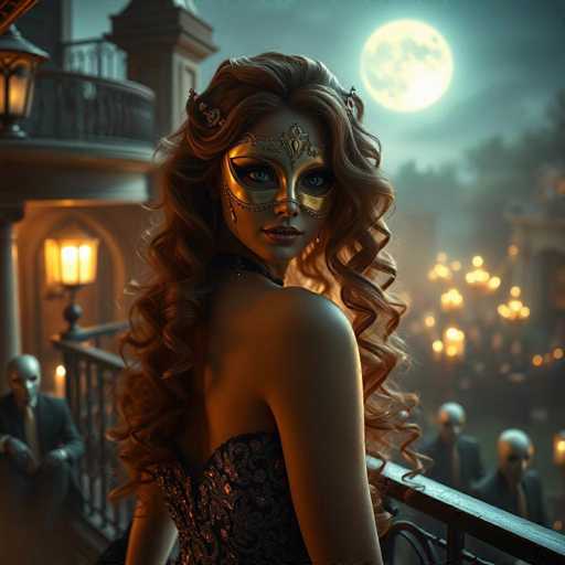 The image depicts a woman with long brown hair wearing a gold mask and a black dress standing on a balcony overlooking a city at night. The city lights create a vibrant atmosphere around her as she gazes into the distance.