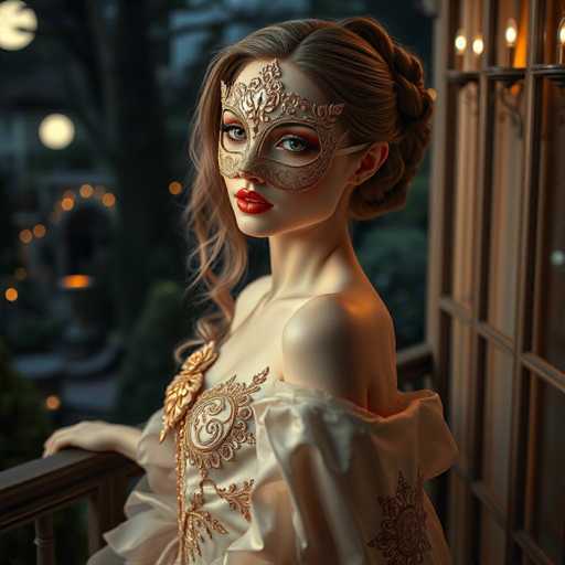 A woman is captured wearing a Venetian mask and a white dress with gold accents. She has blonde hair styled in loose curls and is positioned on the left side of the frame, leaning against a railing. The background features trees and buildings under a dark sky, creating an atmospheric setting for the scene.