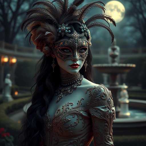 A woman with long dark hair is standing in front of a fountain and wearing an ornate mask that features feathers and jewels. She is dressed in a long dress with intricate gold embroidery and a headpiece adorned with feathers. The setting appears to be a garden or park, as indicated by the presence of trees and other greenery in the background.