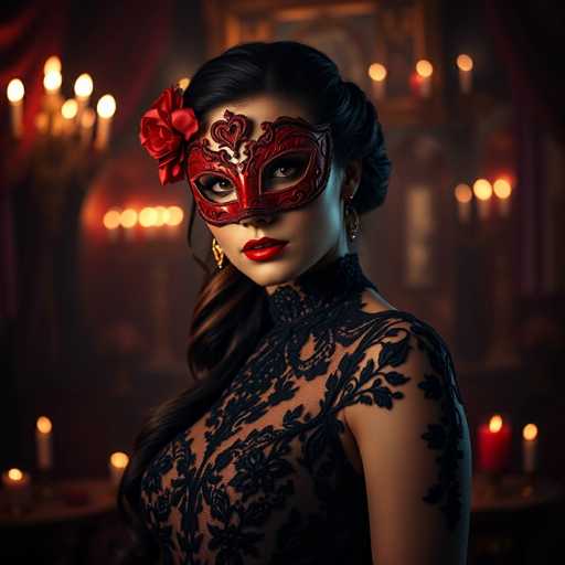 A woman is wearing a red Venetian mask with a rose design and black lace corset, standing against a dark background with candles casting an ethereal glow on her face.
