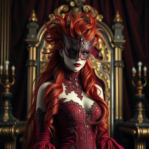 A woman with long red hair is standing in front of a large gold and red ornate chair. She is wearing a red dress adorned with gold embroidery that features a mask on her face. The background includes a dark purple curtain and two candles on either side of the chair, creating an atmosphere reminiscent of a medieval or fantasy setting.