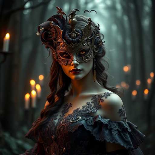 A woman is standing in front of a forest with candles lit behind her. She is wearing a mask and a dress that has lace detailing on the bodice. The candles cast an eerie glow around her, creating a sense of mystery and intrigue.