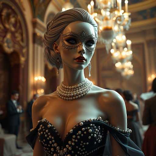 A woman is standing in front of a chandelier and a painting on the wall, wearing a black dress with pearls and a mask over her eyes.