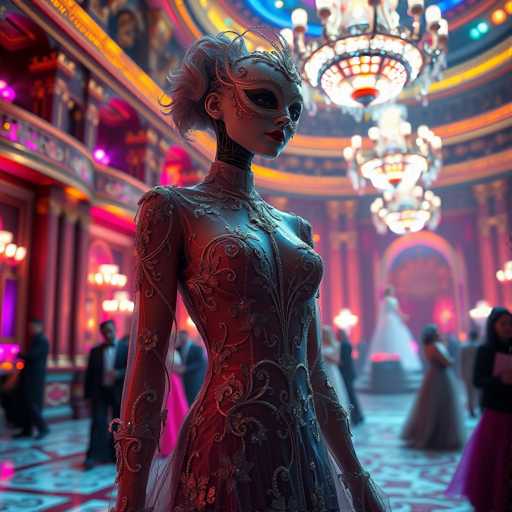 The image depicts a woman wearing an ornate silver dress with intricate beading and a mask that resembles a Venetian mask. She is standing in front of a large chandelier, which adds to the grandeur of the scene. The background shows other people dressed in formal attire, suggesting this could be a ball or similar social event.