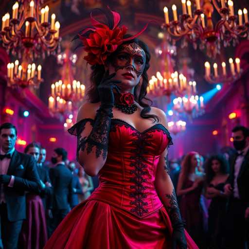 A woman is standing in front of a group of people at a party wearing a red ball gown with black lace detailing and a large flower on her head. She has a mask covering her face and is holding a rose in her hand. The background features ornate chandeliers hanging from the ceiling, creating an elegant atmosphere for the event.