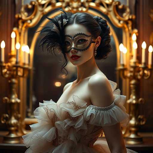 A woman is standing in front of a mirror with a black feathered mask on her face and a white dress with gold trim around the waist. The background features a large mirror reflecting a room filled with candles, creating an atmosphere of elegance and mystery.
