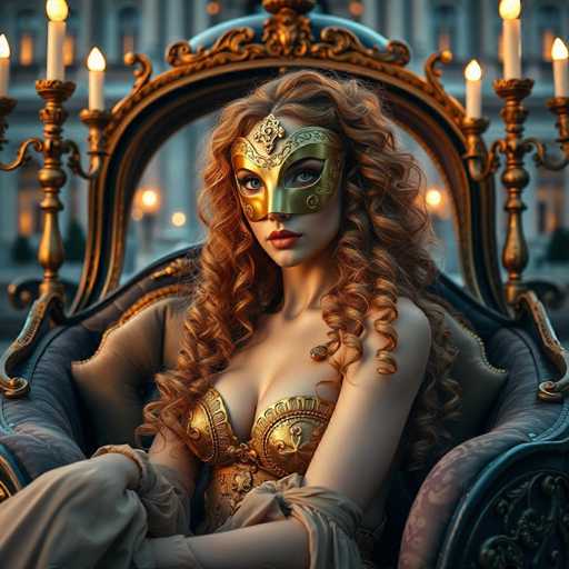 A woman with long red hair is seated on a chair wearing a gold mask and robe, which appears to be part of a costume or dress. The background features a building with ornate decorations and candles, suggesting an indoor setting such as a ballroom or palace.