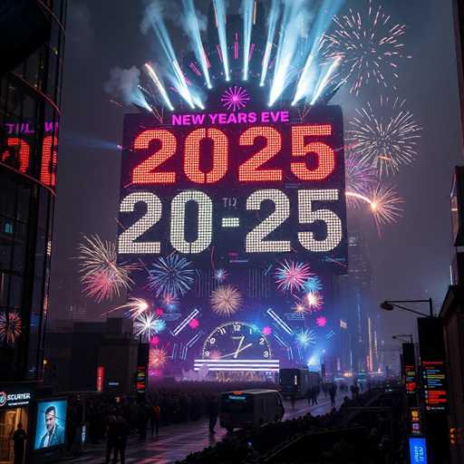 The image shows a large billboard with the text "2025 New Years Eve" and "20-25" written on it. The billboard is lit up by colorful fireworks, creating a festive atmosphere in Times Square. A crowd of people can be seen gathered around the billboard, possibly attending an event or celebrating together.