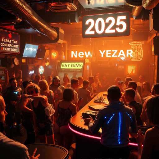 The image depicts a lively scene at a bar with a group of people gathered around the bar area and on the dance floor. The bar is illuminated by warm orange lights that create an inviting atmosphere. A large neon sign reading "2025" can be seen in the background, indicating the year. In front of the bar, there are two TVs mounted on the wall displaying various advertisements.

The people in the image appear to be enjoying themselves and socializing with one another. Some individuals are standing near the bar area, while others are dancing or engaged in conversations. The overall mood of the scene is energetic and vibrant, reflecting a successful night at the bar.