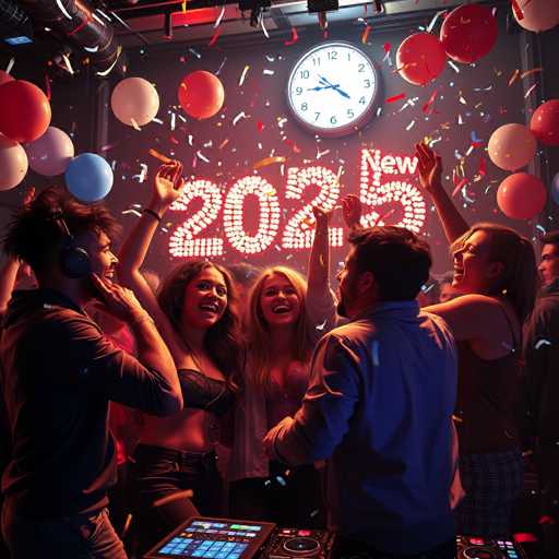 The image depicts a group of people gathered around a DJ booth at a party. The DJ is playing music and the attendees are dancing with their arms raised high in celebration. The background features a large clock displaying the time as "2025" and red and white balloons floating above the crowd, creating a festive atmosphere.