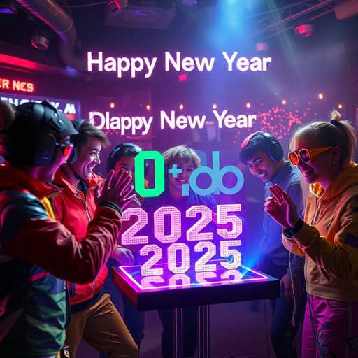 The image shows a group of people gathered around a table with neon lights and a large screen displaying the text "Happy New Year" and "Dlppy New Year". The people appear to be enjoying themselves as they dance in front of the screen.