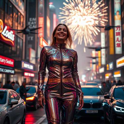 A woman is standing on a busy city street at night, wearing a metallic jumpsuit and smiling towards the camera. The background features buildings with illuminated signs and cars parked along the street.
